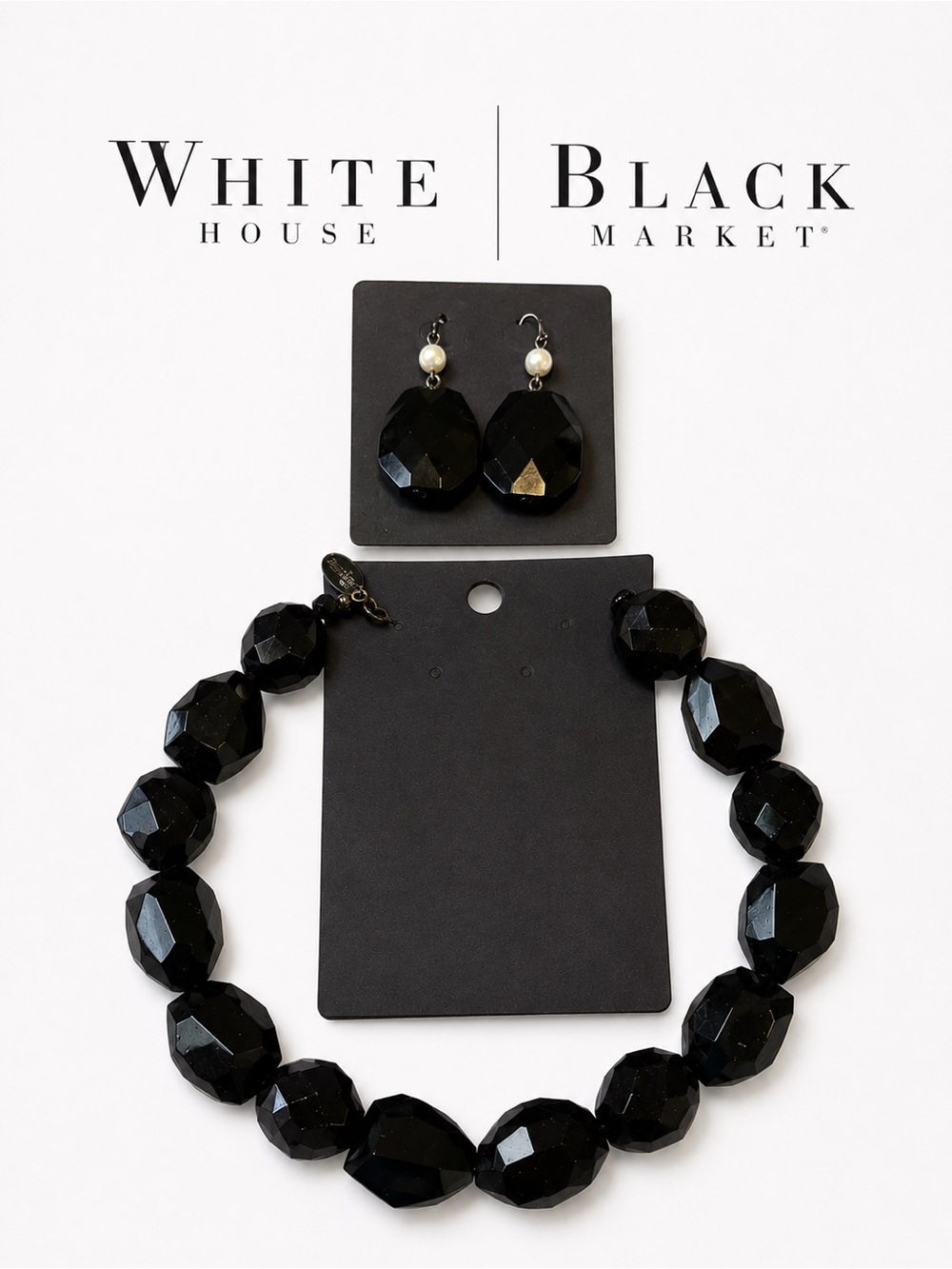 White House Black Market Black Faceted Bead Necklace with Matching Earrings